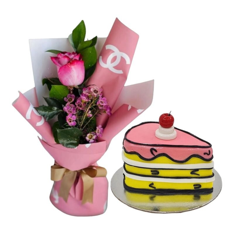 باقة زهور ورديه مع ميني كيك 3d