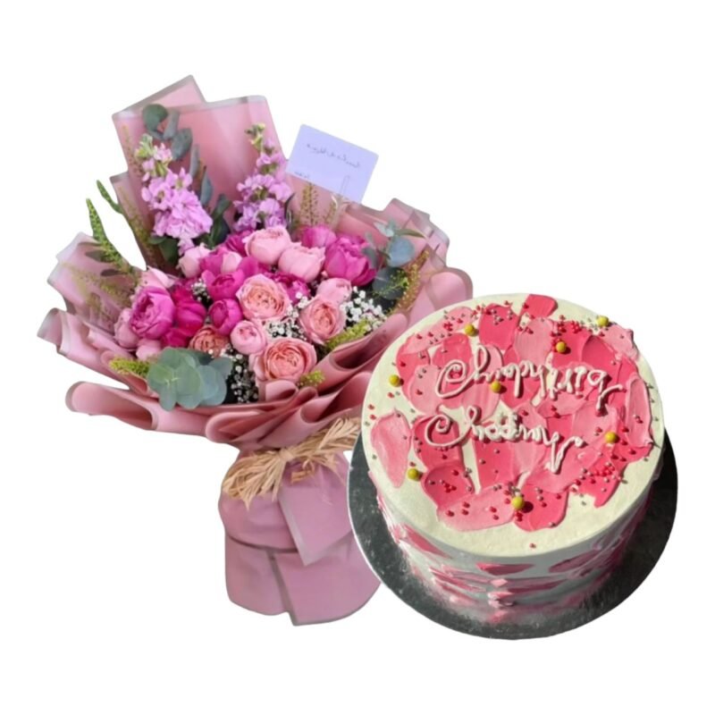 باقة ورد مع الكيكة الوردية