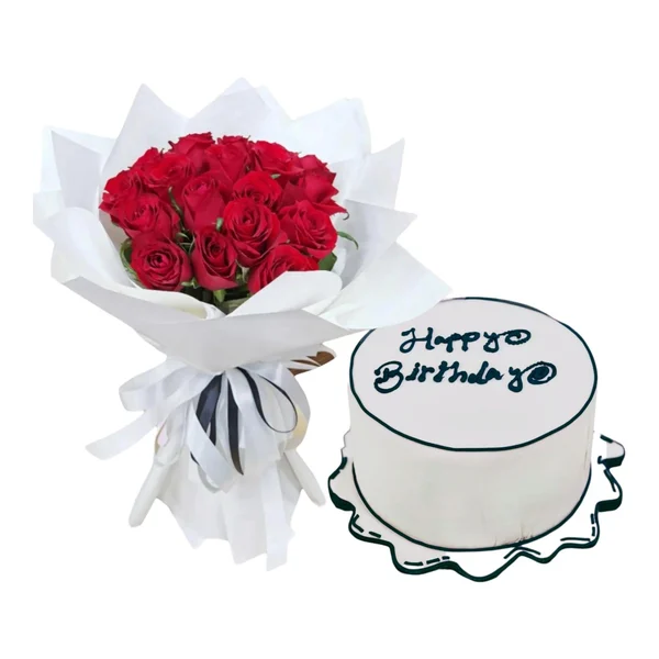 كيكة يوم الميلاد مع باقة الزهور الطبيعية